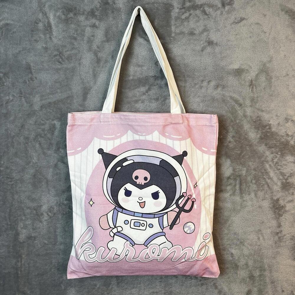 New Sanrio Kuromi Canvas Tote Shoulder Handbag Kawaii Pink w/ Pins Pens Plushy